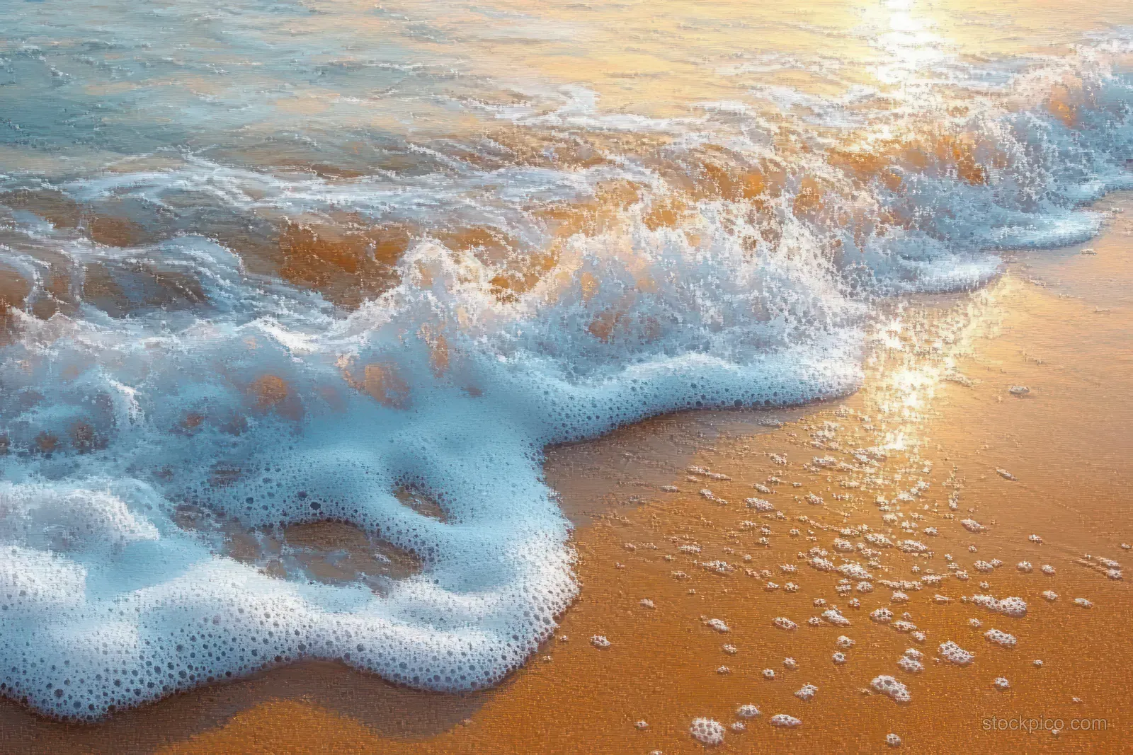 Gentle ocean waves wash white foam onto a golden sandy shoreline in warm evening light.