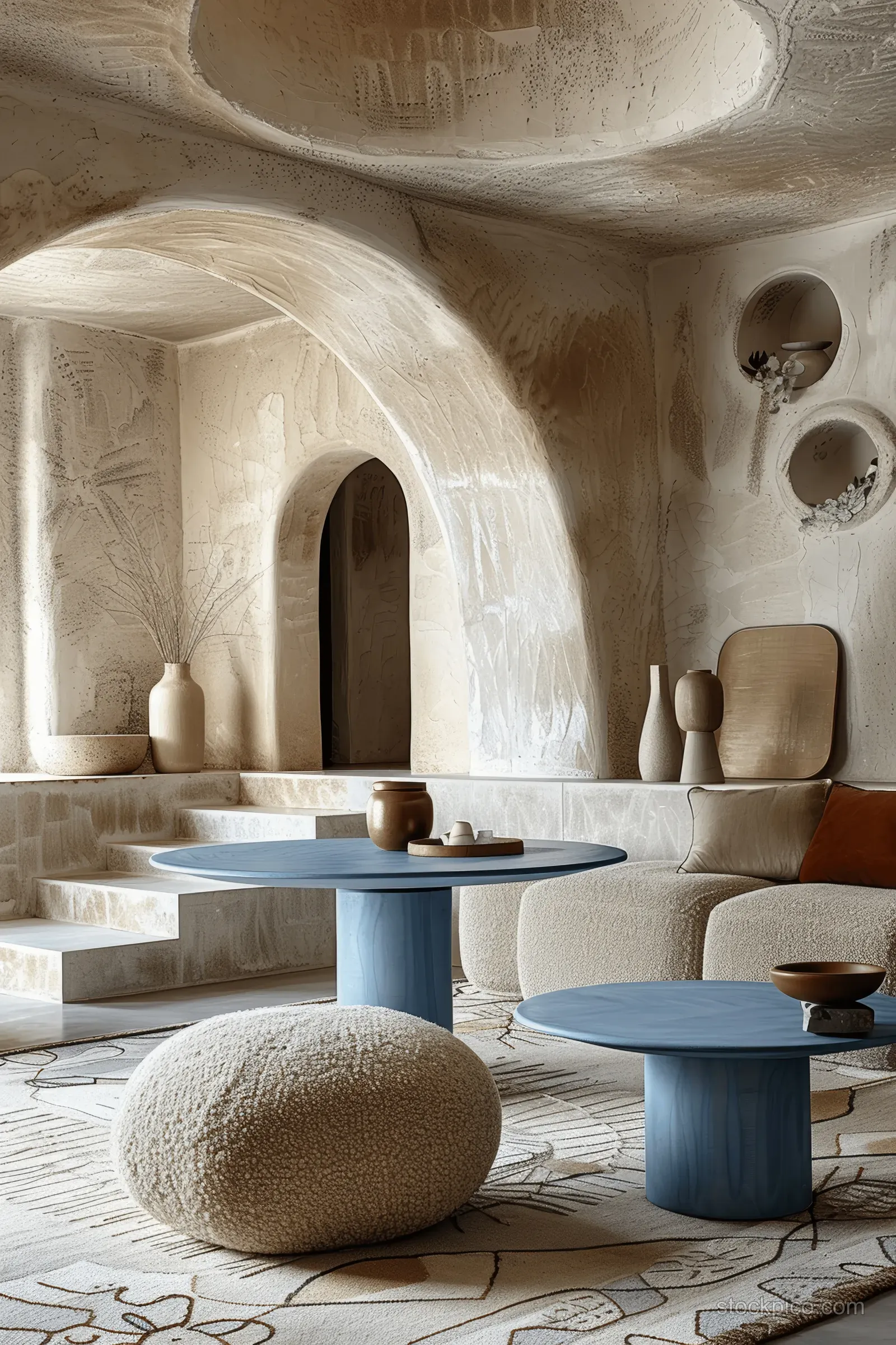 Minimal living room with beige stucco arches, blue coffee tables, boucle chairs, and a soft rug on patterned flooring.