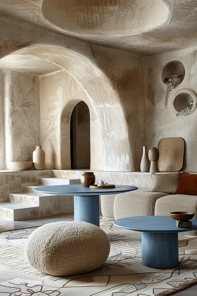 Minimal living room with beige stucco arches, blue coffee tables, boucle chairs, and a soft rug on patterned flooring.