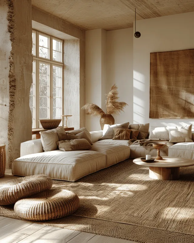 Scandinavian living room with beige sofa, wooden decor, and sunlit floor rug