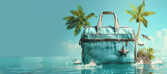 Blue travel bag floating on ocean waves with palm islands and summer sky