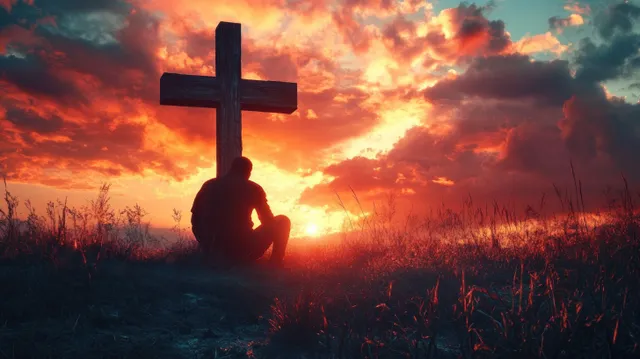 Silhouette person sitting beside a wooden cross as sunset glows across grassy hill