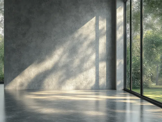 Minimalist loft interior with polished concrete floor and tall windows revealing a sunlit green garden.
