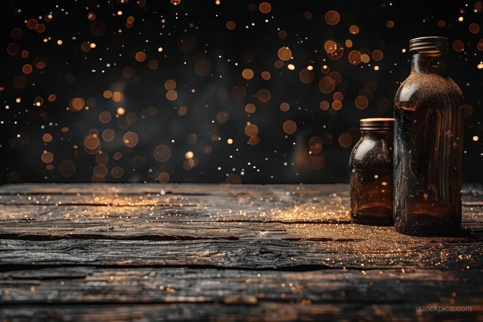Empty rustic wooden table surface with warm bokeh lights and two glass bottles near the edge.