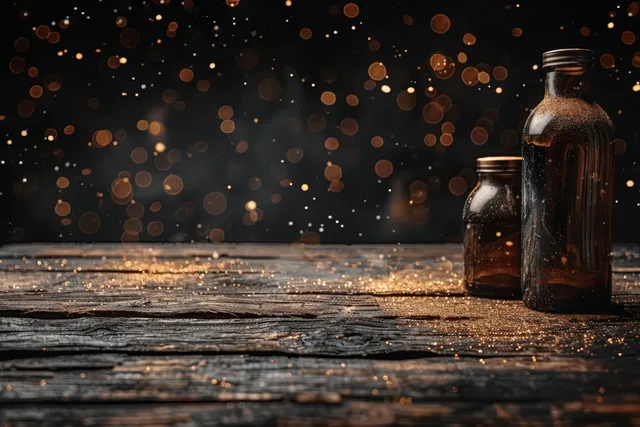 Empty rustic wooden table surface with warm bokeh lights and two glass bottles near the edge.