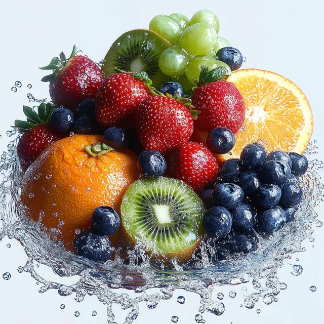 Fresh berry and citrus fruit splash collage with strawberries, blueberries, grapes, kiwi, orange