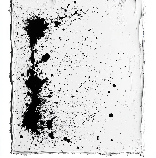 White painted surface with concentrated black ink splatters and scattered droplets forming an abstract pattern.