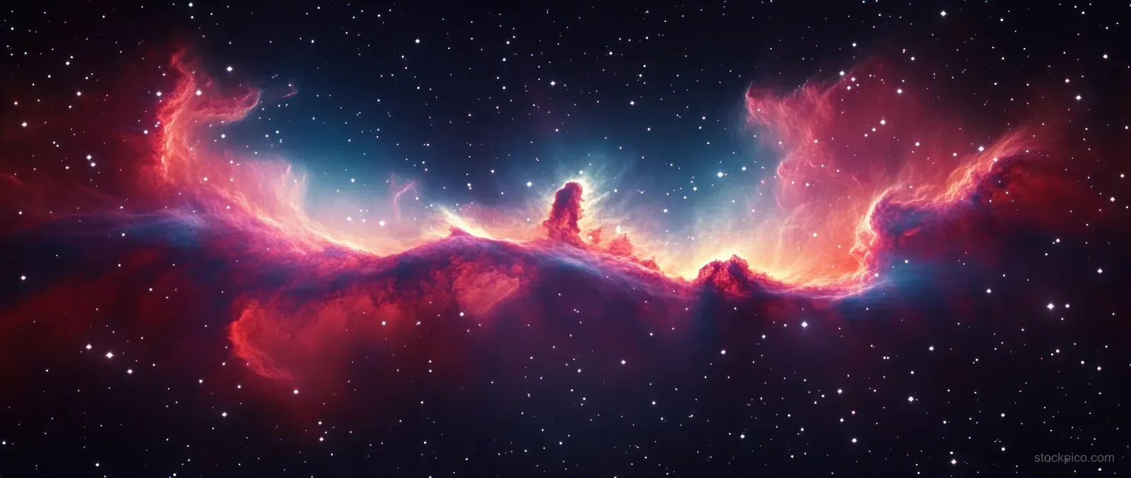 Red and purple nebula gas clouds glow across a dark space scene with small bright stars.