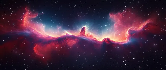 Red and purple nebula gas clouds glow across a dark space scene with small bright stars.
