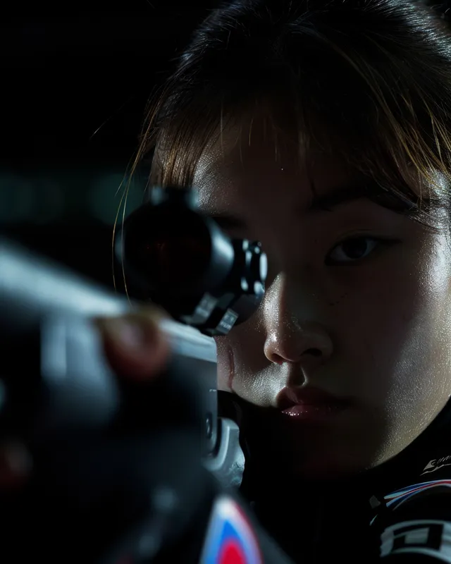 South Korean female athlete aiming an air pistol during a 10m competition match
