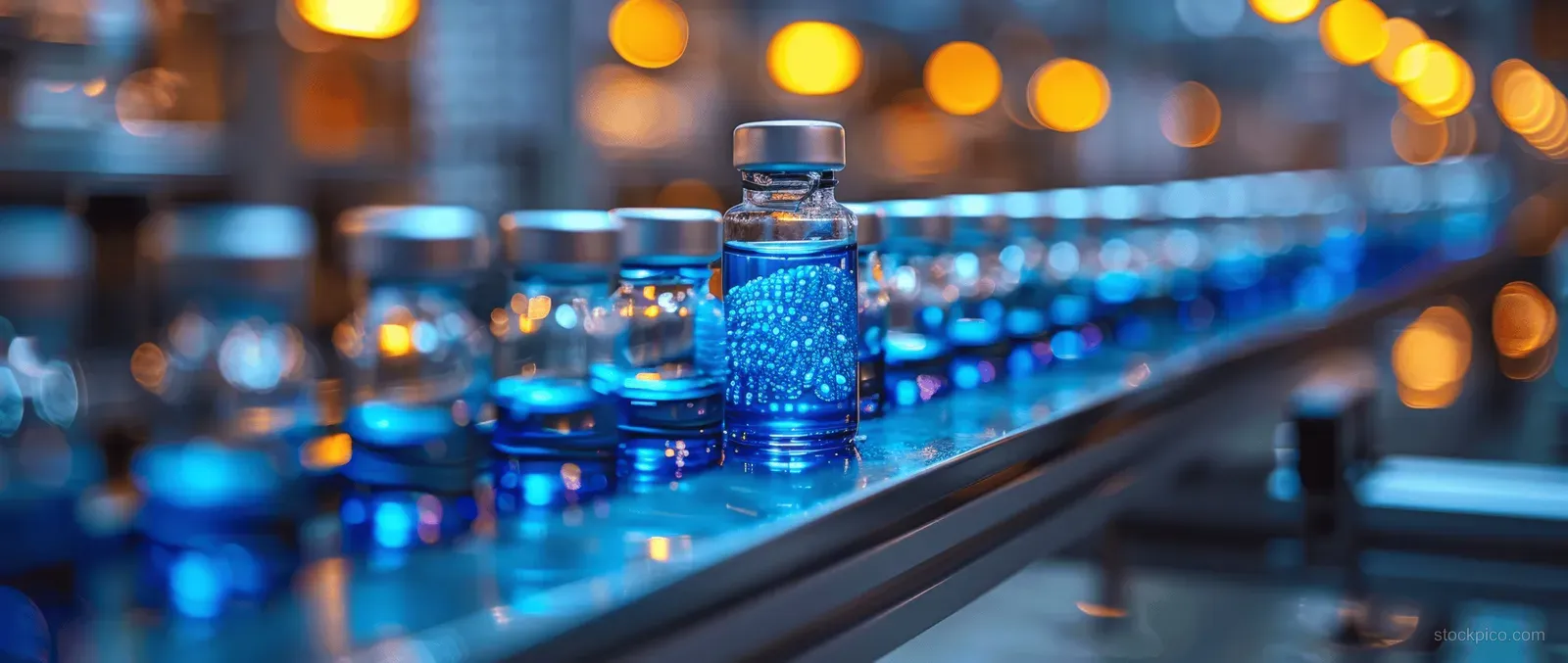 Glass vials on a conveyor line inside a pharmaceutical factory under sterile production lighting.