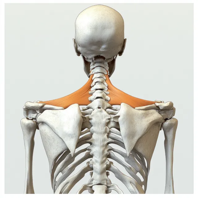 Rear-view human skeleton illustration highlighting the spine and shoulder blades under soft studio light.