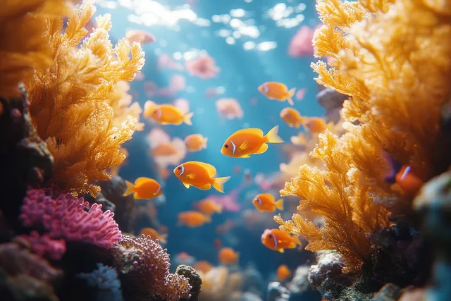 Rainbow runner fish swim in a school over Goniopora coral amid a blue underwater reef scene.