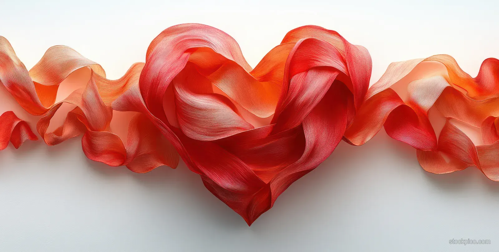 Red ribbon is twisted into a heart shape with soft folds on a plain white background.