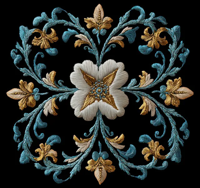 Symmetrical blue and gold embroidered floral ornament with a central white star flower on a black background.