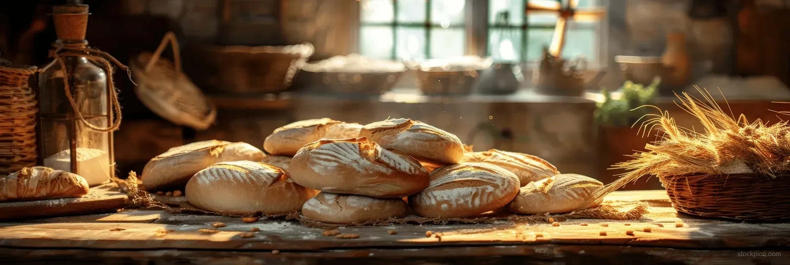 Matzah dough and baking tools sit on a wooden table in a sunlit rustic kitchen.