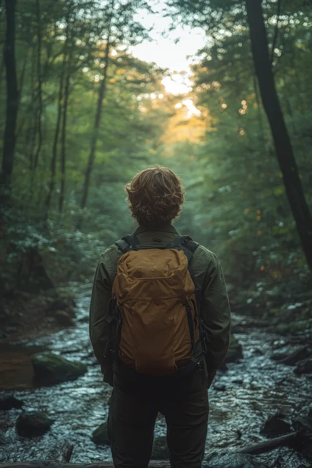 A solo hiker with a backpack stands on an autumn forest trail as sunlight beams through trees.