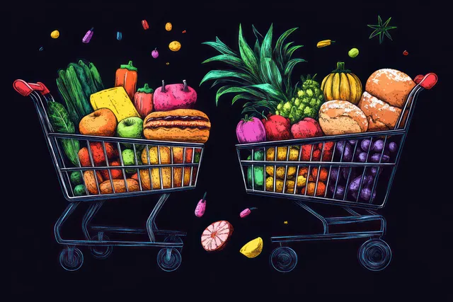 Two shopping carts packed with colorful fruits and vegetables, bread, and a sandwich on a dark background.
