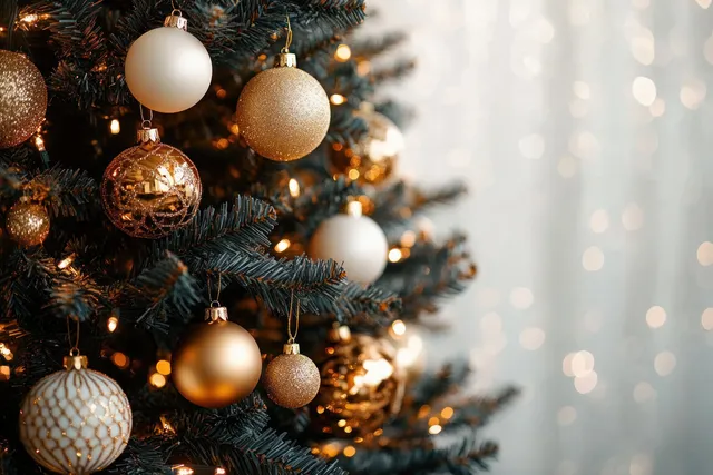 Christmas fir branches with gold and white baubles, soft bokeh lights background