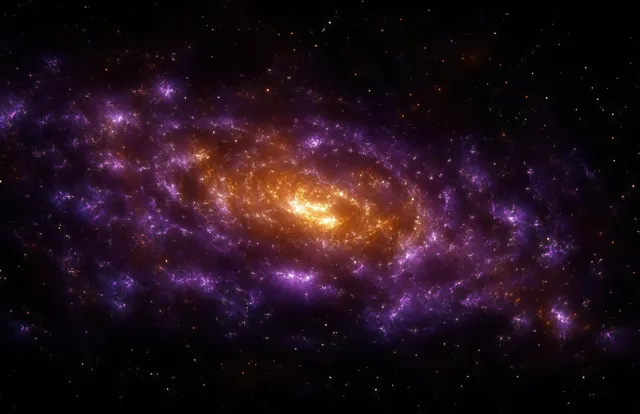 A spiral galaxy glows with a bright yellow core surrounded by purple nebula clouds and scattered stars in deep space.