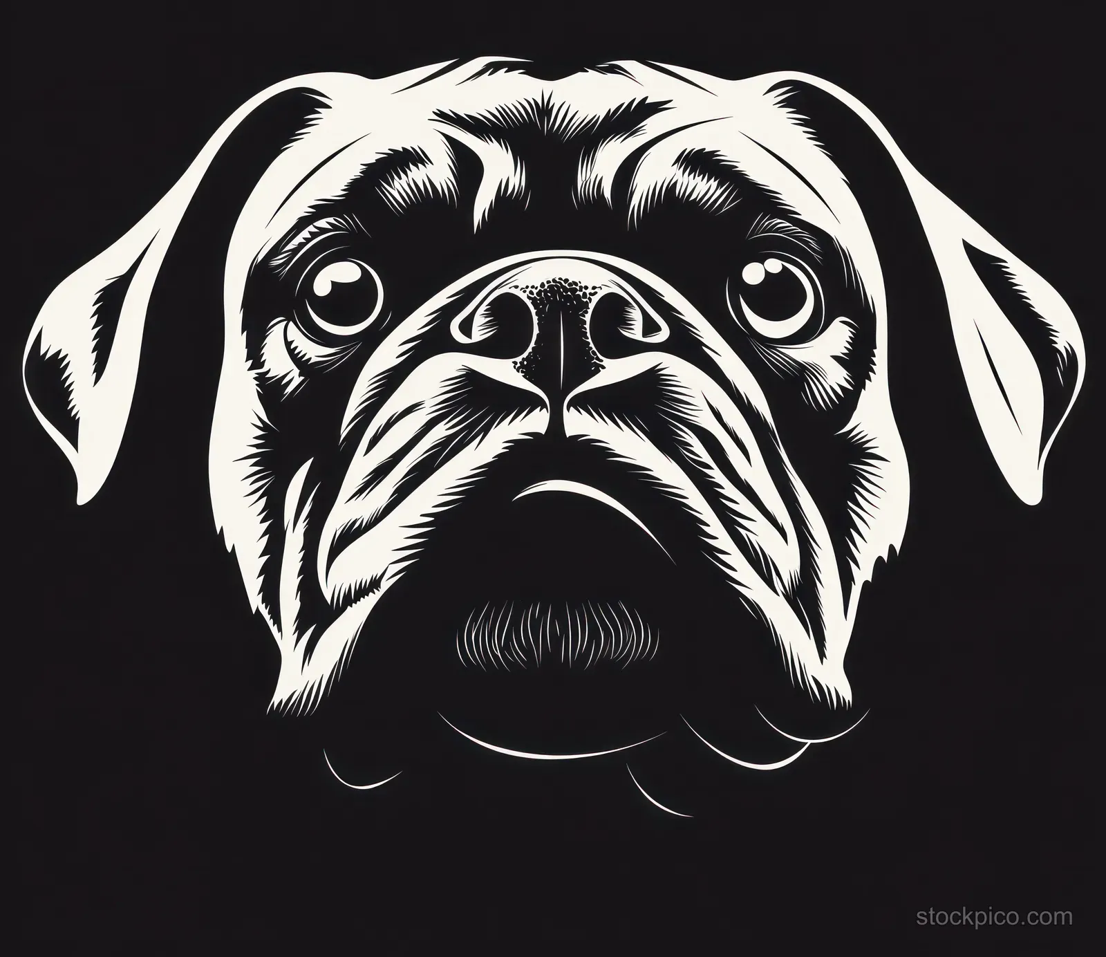 Black and white illustration of a pug’s close-up face with wrinkled fur and large expressive eyes.