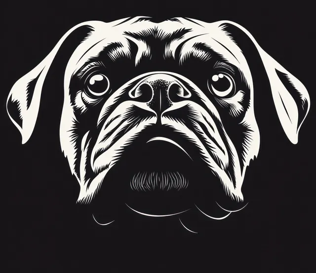 Black and white illustration of a pug’s close-up face with wrinkled fur and large expressive eyes.