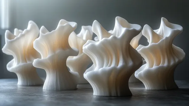 Plaster dental model sculptures with tooth forms arranged on a black studio background
