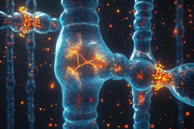 Glowing neural synapses spark inside translucent blue nerve fibers with synaptic network detail