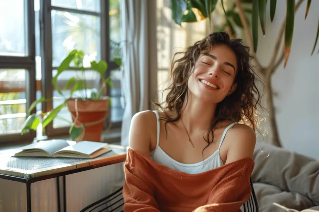 Happy woman meditating in a chair at home, eyes closed by window greenery