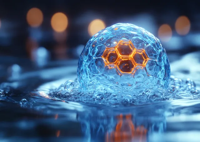 Blue water droplet sphere with glowing hexagonal molecular structure under cinematic light.
