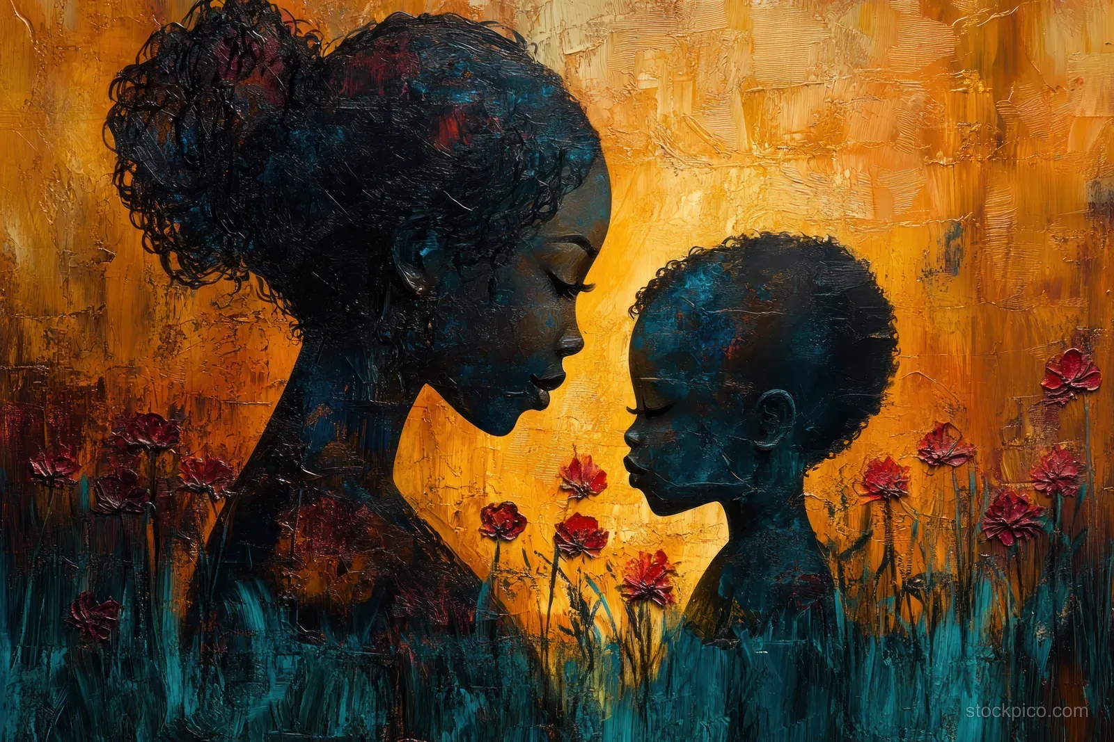 An African mother holds her child as dark silhouettes and warm orange textured light fill the background.