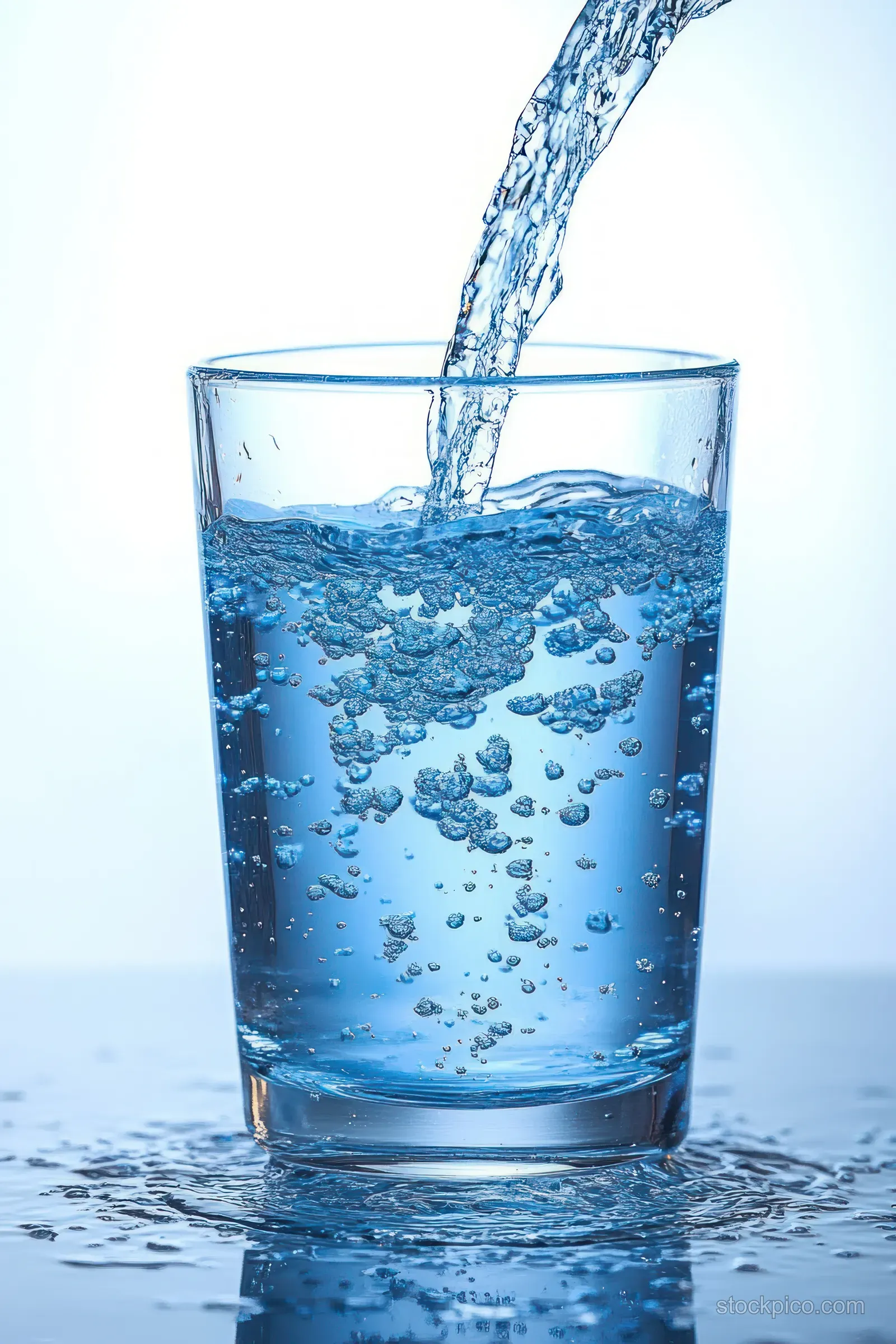 Clear water pours into a transparent glass, creating bubbles and splashing droplets around the base.