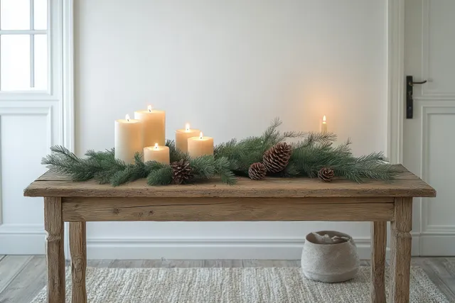 Rustic Scandinavian console table in a hallway with pine branches and lit candles under warm lighting.