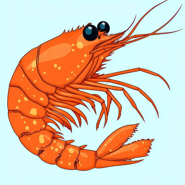 Orange shrimp illustration with long antennae and segmented body on a light blue background.