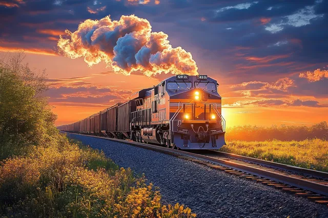 Freight train heads down rail tracks through grassy countryside at fiery sunset, steam plume rising