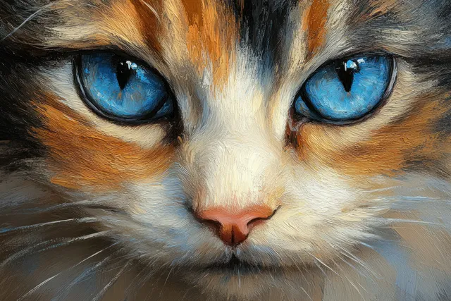 Close-up portrait of a fluffy cat with vivid blue eyes and detailed fur in soft natural light.