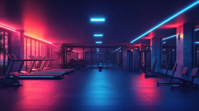 Empty gym interior with weight racks and benches lit by red and blue neon lights.