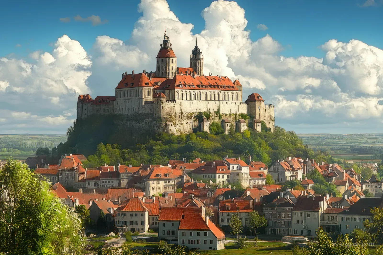 Hilltop castle overlooks a town with red rooftops, church spires, green trees, and large white clouds in blue sky.