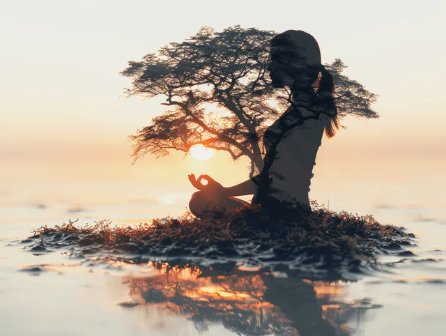Silhouetted woman meditating in lotus pose with a double-exposure tree and sunset reflected on water.
