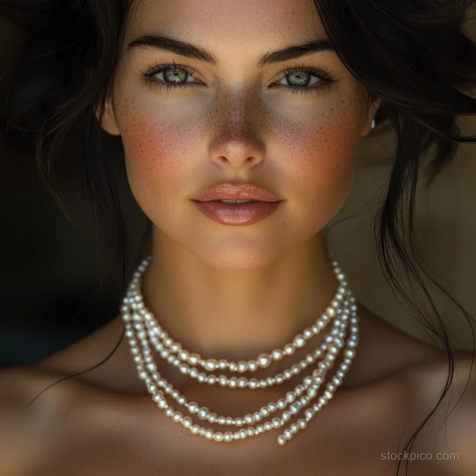 Woman posing in close-up wearing layered pearl necklaces and bracelets under soft lighting.