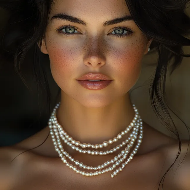 Elegant woman posing in soft light wearing layered pearl necklaces and bracelets