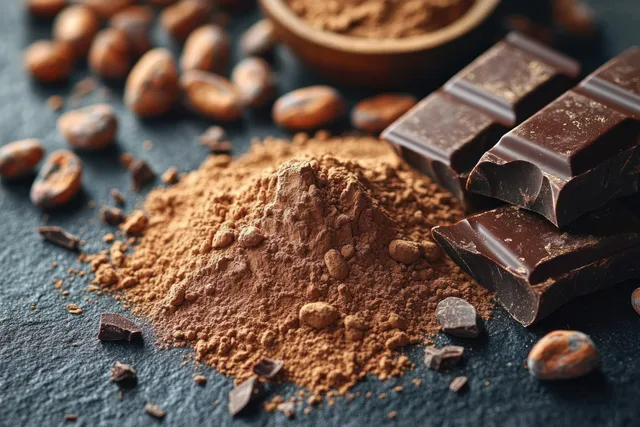 Cocoa powder heap beside broken dark chocolate pieces and scattered cocoa beans on a dark textured background.