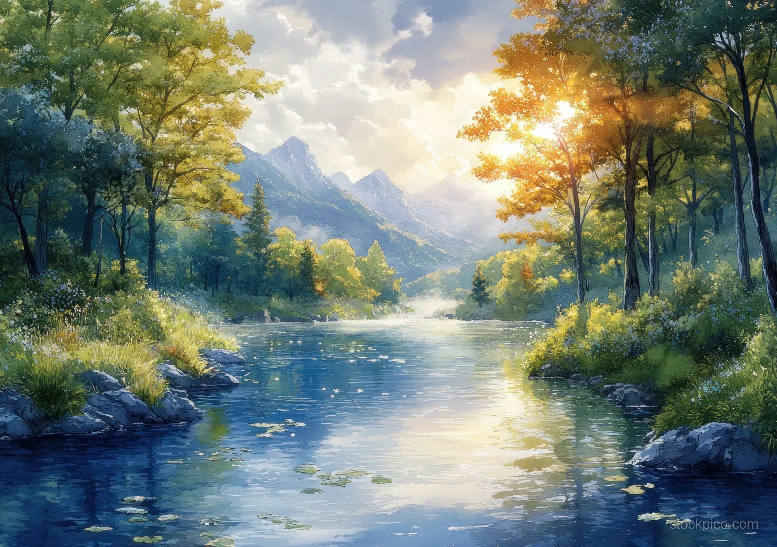 A sunlit stream flows through a forested valley with mountains in the distance.