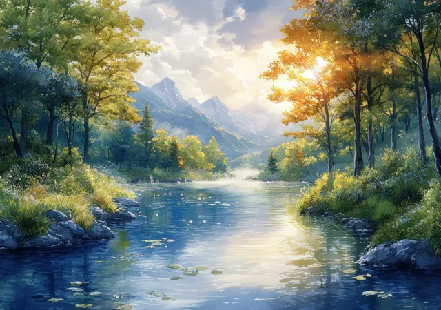 Sunlit Stream Winds Through Verdant Mountains and Quiet Forest