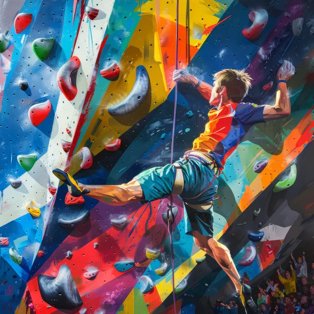 An energetic bouldering athlete climbs a vibrant wall with red, white, and blue flag colors and scattered paint splashes.
