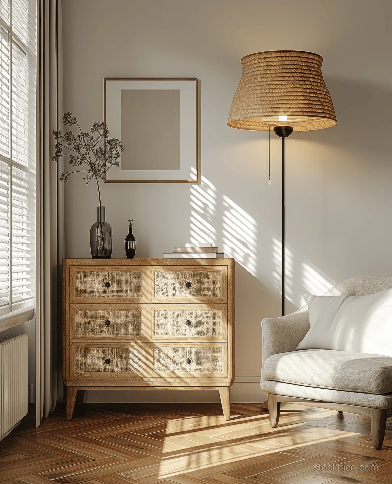 Sunlit minimalist living room showing a wooden sideboard, rattan pendant lamp, and white sofa beneath window blinds.