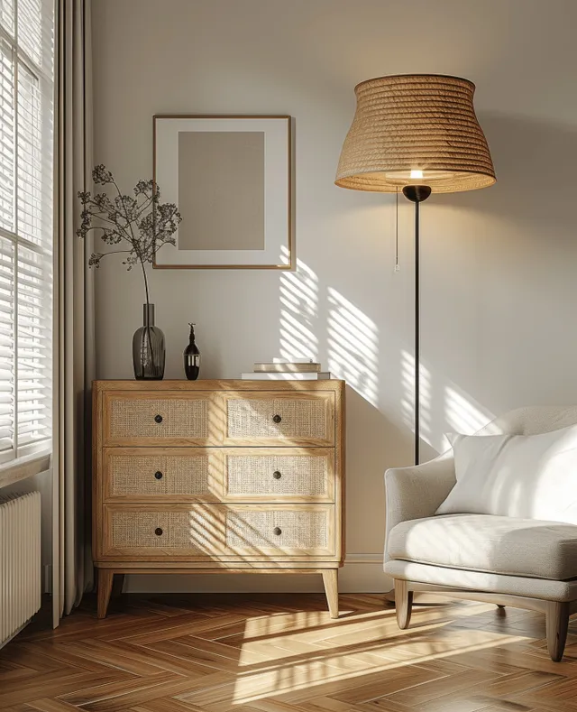 Sunlit minimalist living room showing a wooden sideboard, rattan pendant lamp, and white sofa beneath window blinds.