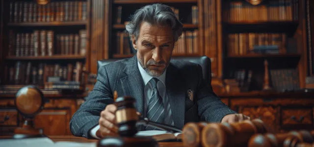 Businessman Judge Writing Decisions at Office Desk with Wooden Gavel and Law Books