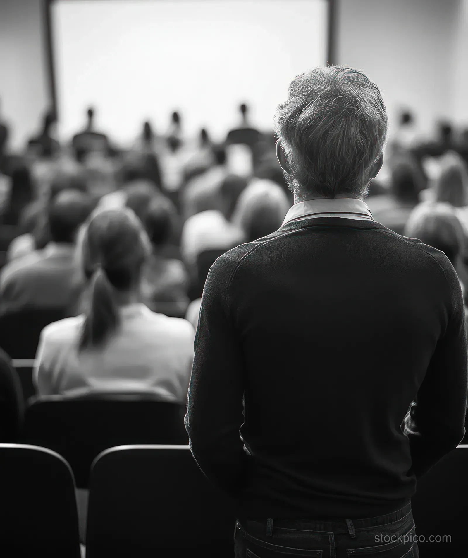 Back view of a speaker addressing an attentive audience in a conference hall with blurred seated attendees.