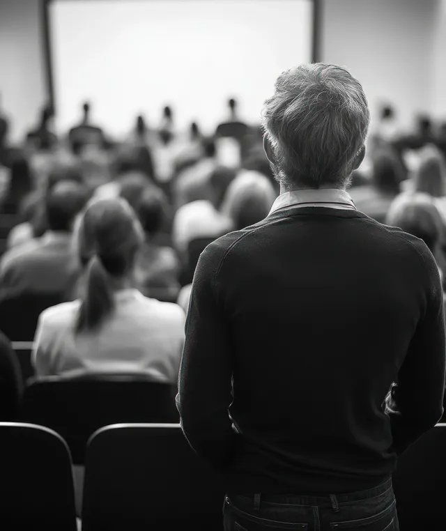 Back view of a speaker addressing an attentive business audience in a conference hall